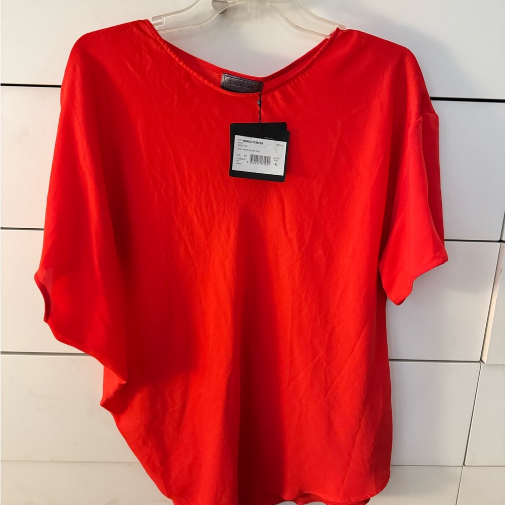 NWT  2014 Lanvin Bright Red Short Sleeve Assym Blouse